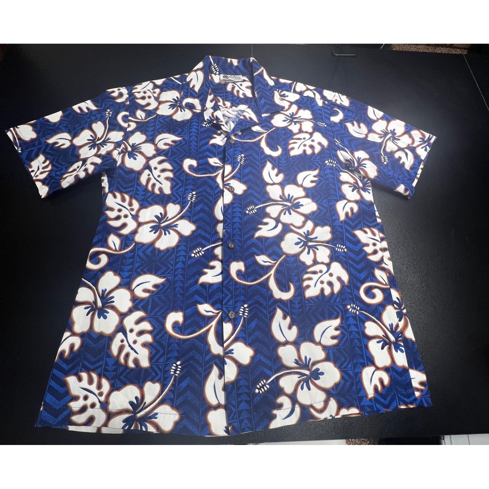 Aloha Republic Mens Blue Hibiscus Floral Hawaiian Shirt Made in Hawaii Large